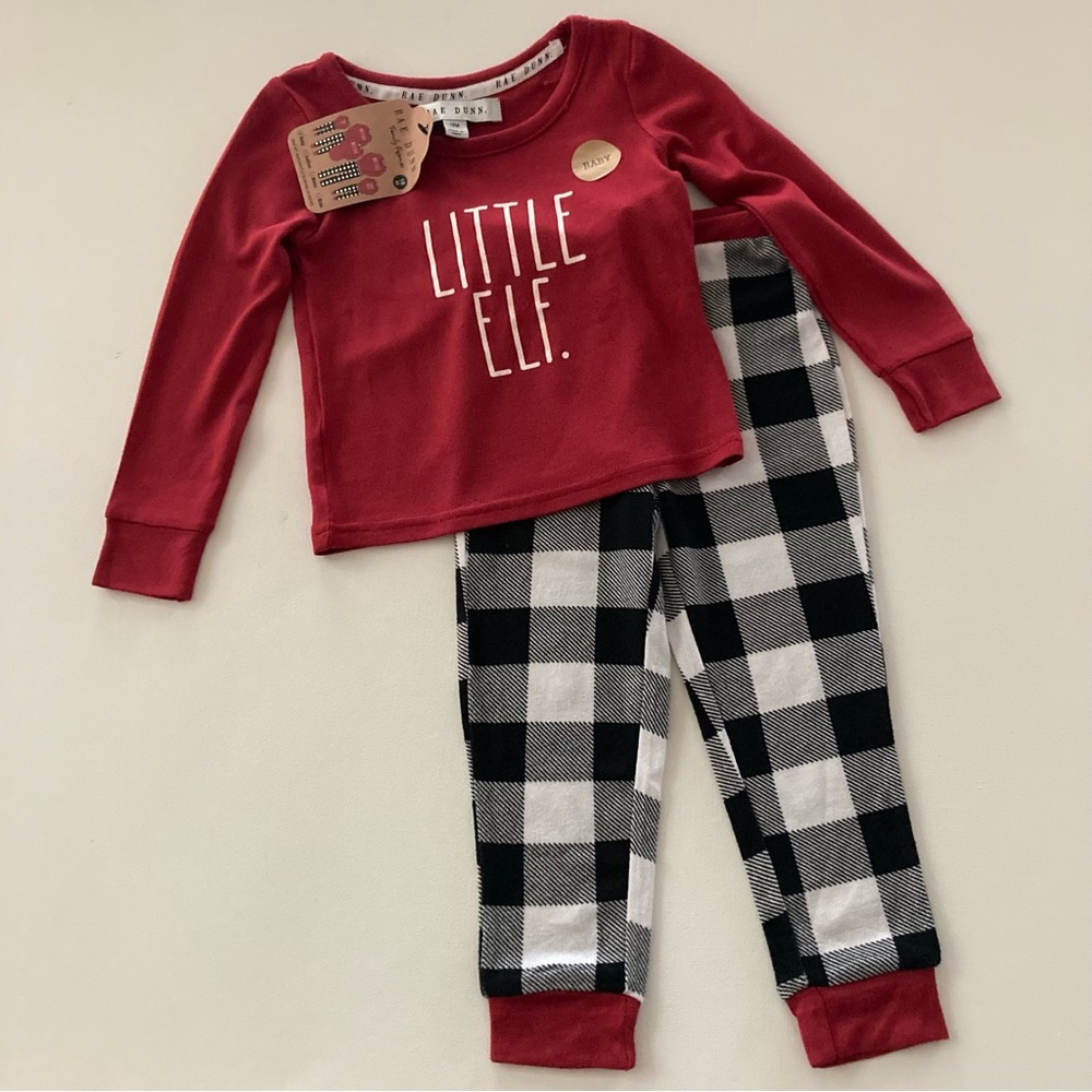Rae Dunn Baby Boy 18 Months Holiday Christmas Red Plaid Pajama Set Little Elf